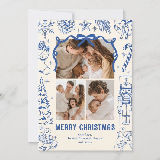 Cartes Pour Fêtes Annuelles Jouer Doodle Bleu 3 Photo Noël (Devant)