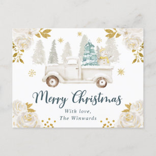 Cartes Pour Fêtes Annuelles Jour de Noël Floral de Camion Blanc et Or d'hiver