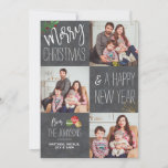 Cartes Pour Fêtes Annuelles Jour férié de photos personnalisé Chalkboard<br><div class="desc">Le design comprend 3 de vos photos de vacances préférées en famille. "Joyeux Noël et un Joyeux Nouvel An d'" est dans un script moderne et typographie de police avec des boules de Noël et des accents feuillages. Personnalisez-le avec vos photos,  noms et messages préférés.</div>