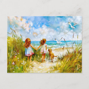 Cartes Pour Fêtes Annuelles Journée d'été à la plage avec des filles et un chi