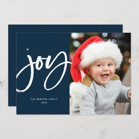Cartes Pour Fêtes Annuelles Joy brush script marine moderne une photo Noël (Devant / Derrière)