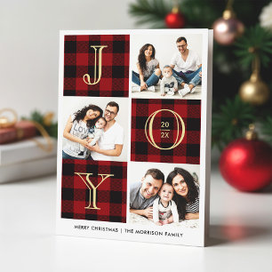 Cartes Pour Fêtes Annuelles JOY   Collage photo à carreaux rouges buffle