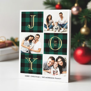 Cartes Pour Fêtes Annuelles JOY   Collage photo à carreaux vert Buffalo