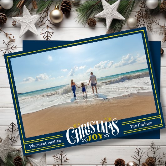 Cartes Pour Fêtes Annuelles JOY Dusty Blue Gold Script Simple Photo Noël
