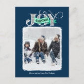 Cartes Pour Fêtes Annuelles JOY Festive Blue Modern Script Photo de Noël (Devant)