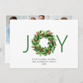 Cartes Pour Fêtes Annuelles JOY Festive Holly Berry Wreath Noël 3 Photo (Devant / Derrière)