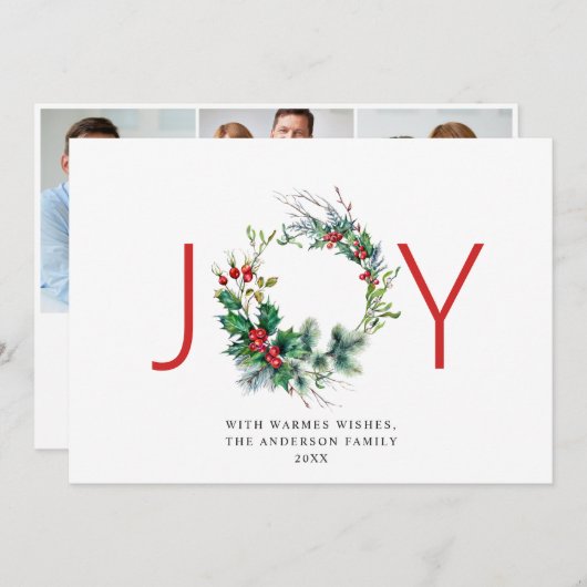 Cartes Pour Fêtes Annuelles JOY Festive Holly Berry Wreath voeux de Noël (Devant / Derrière)