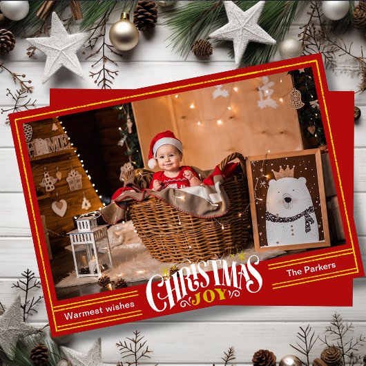 Cartes Pour Fêtes Annuelles JOY Festive Red Gold Script Simple Photo Noël