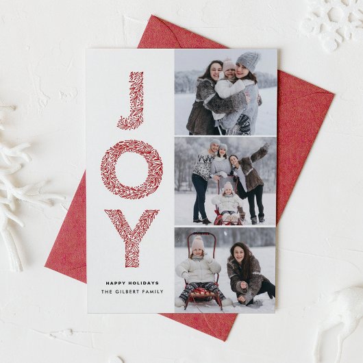 Cartes Pour Fêtes Annuelles JOY Lettering Red Christmas Photo Collage