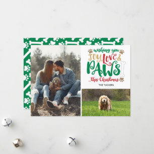 Cartes Pour Fêtes Annuelles Joy Love Paws Noël Rouge Vert 2 Photo Chien