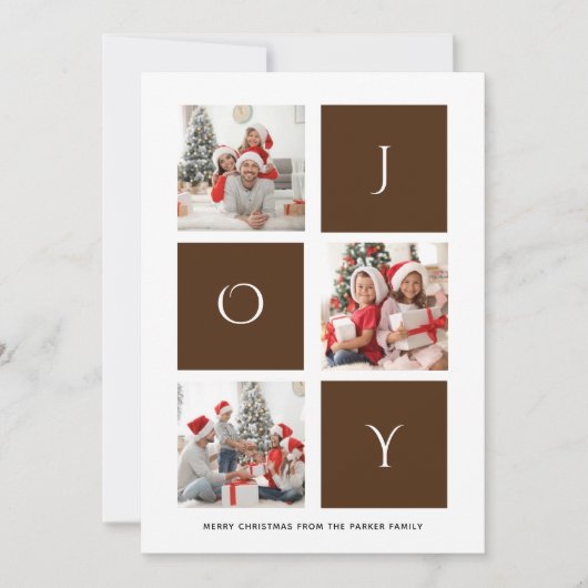 Cartes Pour Fêtes Annuelles JOY Modern Brown Fun Script Photo Collage Simple (Devant)