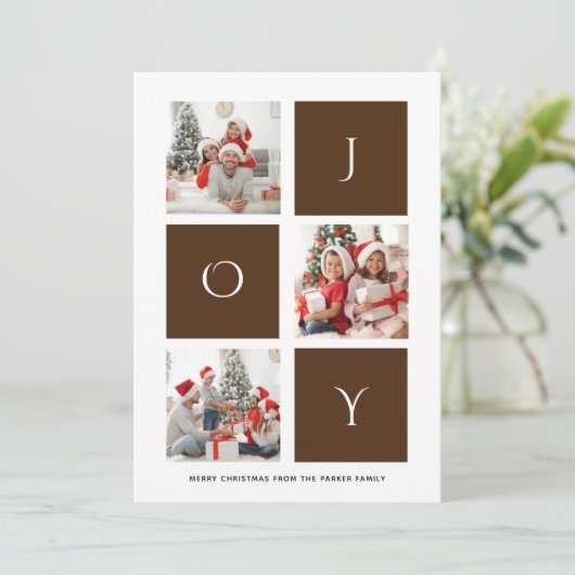 Cartes Pour Fêtes Annuelles JOY Modern Brown Fun Script Photo Collage Simple (Debout devant)