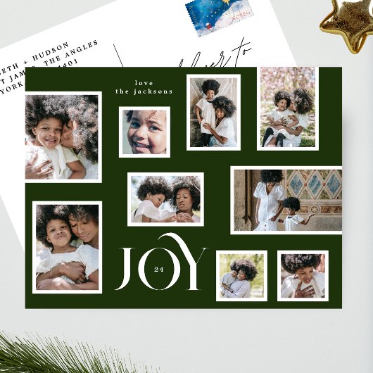 Cartes Pour Fêtes Annuelles JOY | Noël | Collage de photos | Vert classique