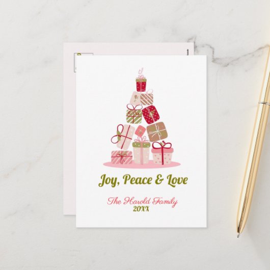 Cartes Pour Fêtes Annuelles Joy Peace and Love Christmas Tree Card (Devant/Arrière en situation)