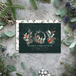 Cartes Pour Fêtes Annuelles JOY Pine Cone Red Berry Birds Green Christmas
