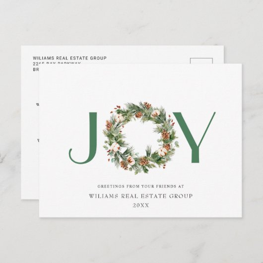 Cartes Pour Fêtes Annuelles JOY Pine Cones Wreath Noël Salutation Entreprise (Devant / Derrière)