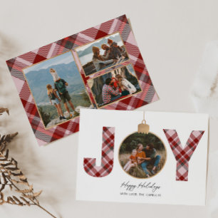 Cartes Pour Fêtes Annuelles JOY Pink Plaid Multi Photo Holiday Card