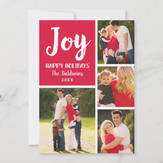 Cartes Pour Fêtes Annuelles Joy Red Brushed Script Photo Collage (Devant)