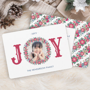 Cartes Pour Fêtes Annuelles Joy Retro Holiday Floral Wreath One Photo Colorée