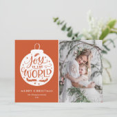 Cartes Pour Fêtes Annuelles Joy To The World Lettering Orange Christmas Photo (Debout devant)