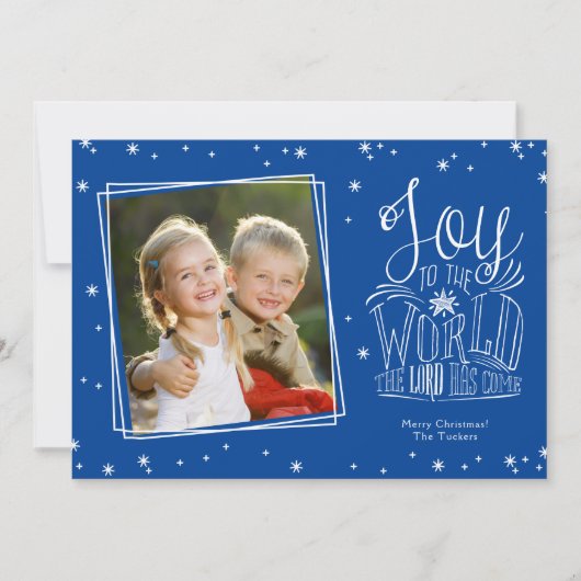 Cartes Pour Fêtes Annuelles Joy to the World manuscrit photo bleue Noël (Devant)