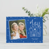 Cartes Pour Fêtes Annuelles Joy to the World manuscrit photo bleue Noël (Debout devant)