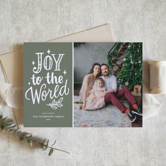 Cartes Pour Fêtes Annuelles Joy to the World Quote Rustic Taupe Green Photo
