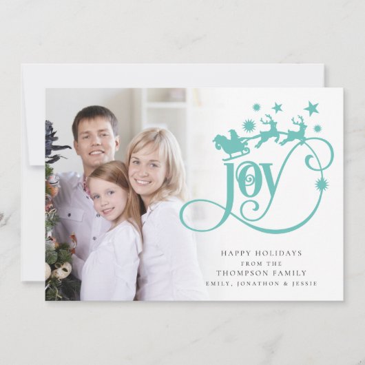 Cartes Pour Fêtes Annuelles Joy Turquoise Père Noël Sleigh Script Photo Noël (Devant)