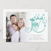 Cartes Pour Fêtes Annuelles Joy Turquoise Père Noël Sleigh Script Photo Noël (Devant / Derrière)