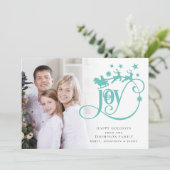 Cartes Pour Fêtes Annuelles Joy Turquoise Père Noël Sleigh Script Photo Noël (Debout devant)
