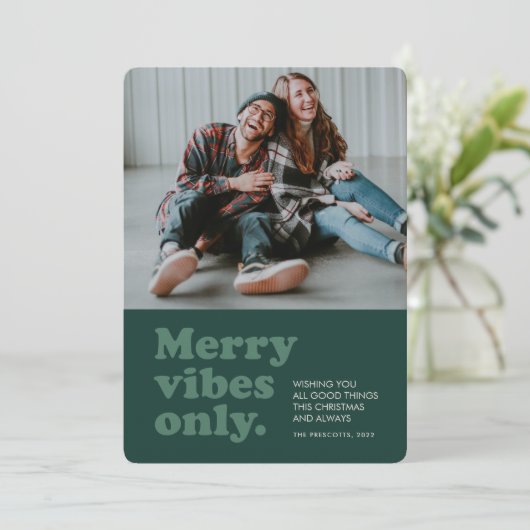 Cartes Pour Fêtes Annuelles Joy vibes seulement retro vert photo (Debout devant)