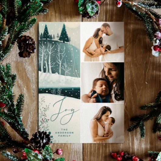 Cartes Pour Fêtes Annuelles Joy Winter Forest | Trois photos modernes Noël