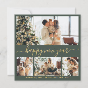 Cartes Pour Fêtes Annuelles Joyeuse Année Or Script 4 Photo Montage Vert