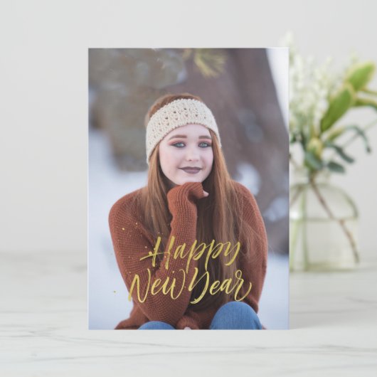 Cartes Pour Fêtes Annuelles Joyeuse Année Script Faux Or (Debout devant)