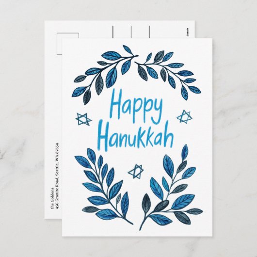 Cartes Pour Fêtes Annuelles Joyeuse aquarelle botanique Hanoukka (Devant / Derrière)