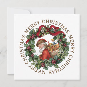 Cartes Pour Fêtes Annuelles Joyeuse couronne de Noël Père Noël Vintage Red Bow