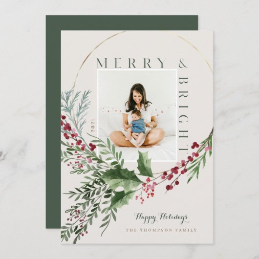 Cartes Pour Fêtes Annuelles Joyeuse et brillante aquarelle verte Wreath Photo (Devant / Derrière)