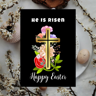 Cartes Pour Fêtes Annuelles Joyeuse famille de Pâques, florale et croisée chré