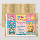 Cartes Pour Fêtes Annuelles Joyeuse fête de Pâques avec lapin, poussin, oeufs  (Devant / Derrière)