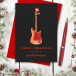 Cartes Pour Fêtes Annuelles Joyeuse guitare électrique de Noël<br><div class="desc">Une façon musicale cool et élégante de rock Noël avec cette guitare électrique flamme portant un chapeau de Père Noël simple illustration avec script de typographie stylisé sur un arrière - plan noir. Cette carte de voeux de Noël minimaliste sur le thème de la musique est parfaite pour les musiciens,...</div>