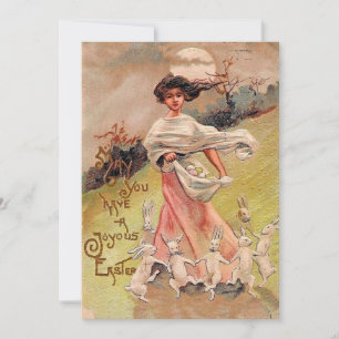 Cartes Pour Fêtes Annuelles Joyeuse Pâques danser Vintage lapins Fille avec pa