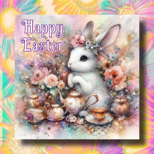 Cartes Pour Fêtes Annuelles Joyeuse Pâques Thé Temps Joie Avec Lapin Floral