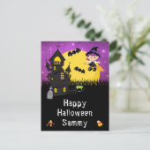 Cartes Pour Fêtes Annuelles Joyeuse sorcière d'Halloween violet (Debout devant)