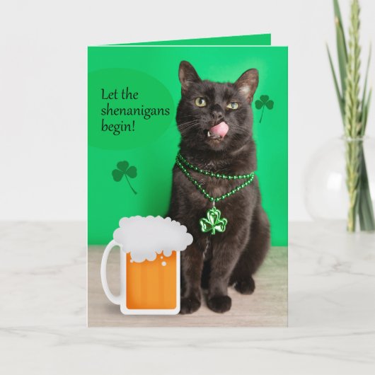 Cartes Pour Fêtes Annuelles Joyeuse St Patrick Funny Cat Avec Bière (Devant)