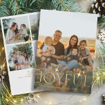 Cartes Pour Fêtes Annuelles Joyeuse typographie moderne collage photo Noël<br><div class="desc">Simple minimaliste moderne carte de vacances de Noël moderne modèle avec faux or Joyeuse typographie avec étoiles,  cinq photos,  nom de famille,  et votre texte. Facile à personnaliser des deux côtés !</div>