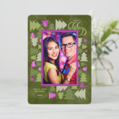 Cartes Pour Fêtes Annuelles Joyeuses Fêtes Arbres de Fêtes Verts Violets Photo (Debout devant)