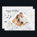 Cartes Pour Fêtes Annuelles Joyeuses fêtes Arctic Winter Botanical Photo<br><div class="desc">Carte d'hiver botanique de l'Arctique, multi-photo. Joyeuses fêtes en écriture noire. Caractéristiques de la carte, cadre d'aquarelle élégant de baies d'hiver, coton, feuille et chardon dans les tons bleu, sauge et gris. Photo unique devant la carte et trois photo collage cadre sur le dos. Lignes de texte modèles pour la...</div>