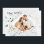 Cartes Pour Fêtes Annuelles Joyeuses fêtes Arctic Winter Botanical Photo<br><div class="desc">Carte d'hiver botanique de l'Arctique, multi-photo. Joyeuses fêtes en écriture noire. Caractéristiques de la carte, cadre d'aquarelle élégant de baies d'hiver, coton, feuille et chardon dans les tons bleu, sauge et gris. Photo unique devant la carte et trois photo collage cadre sur le dos. Lignes de texte modèles pour la...</div>