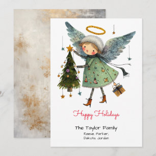 Cartes Pour Fêtes Annuelles Joyeuses Fêtes avec Ange Fantaisiste et Arbre Roug