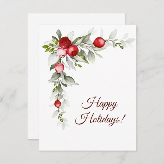 Cartes Pour Fêtes Annuelles Joyeuses Fêtes baies rouges aquarelle hiver (Devant / Derrière)